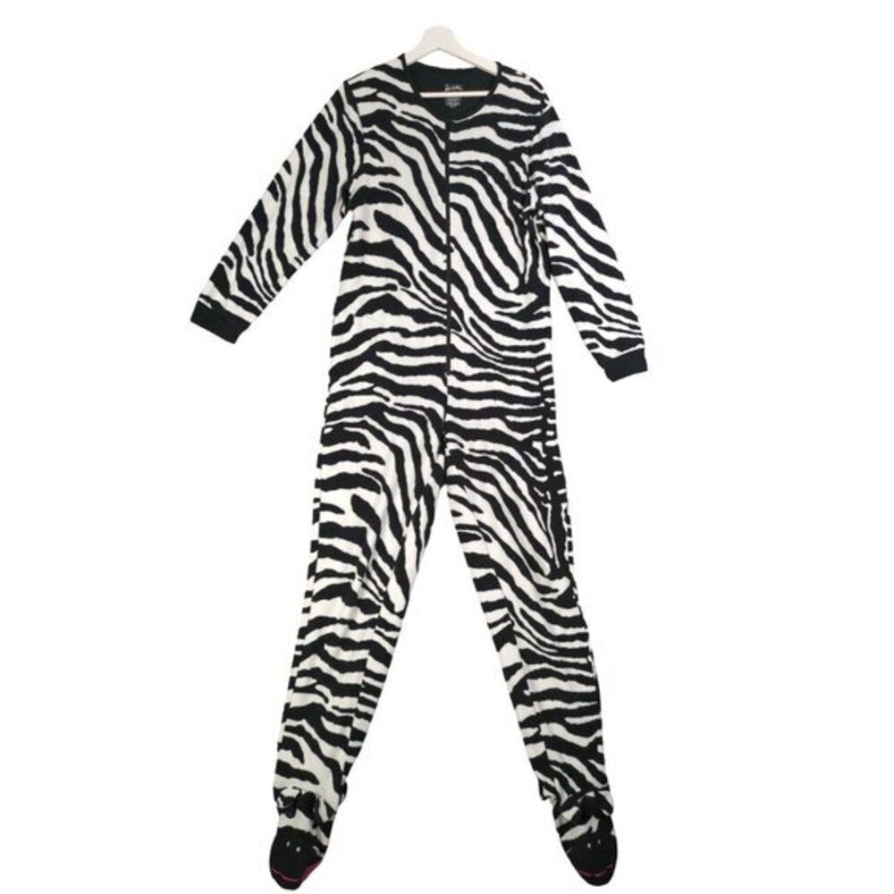 Nick & Nora Women Y2K Safari Retro Footed Pajamas S Black Zebra Fleece Sleepwear